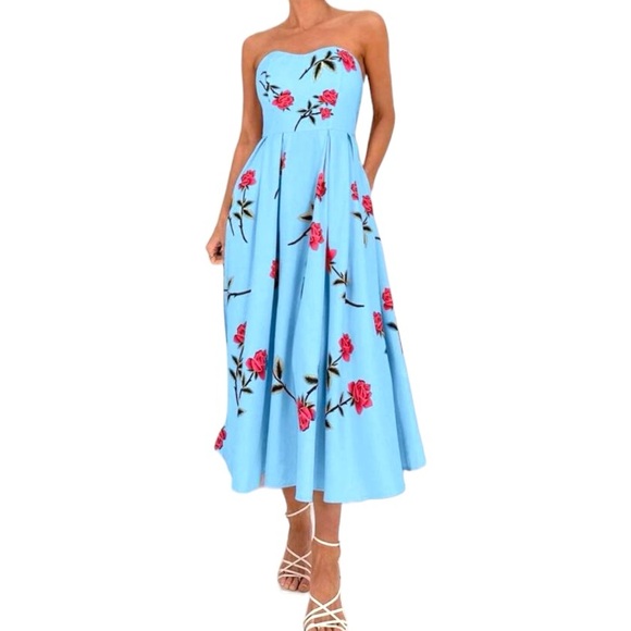 Blue Floral Strapless Dress - Picture 3 of 11